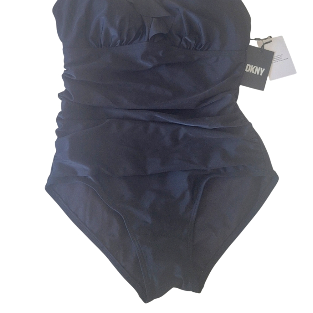 DKNY $98 Black Ruffle Plunge Underwire Tummy Control 50 UPF 1 Piece Swimsuit NWT - Picture 7 of 10